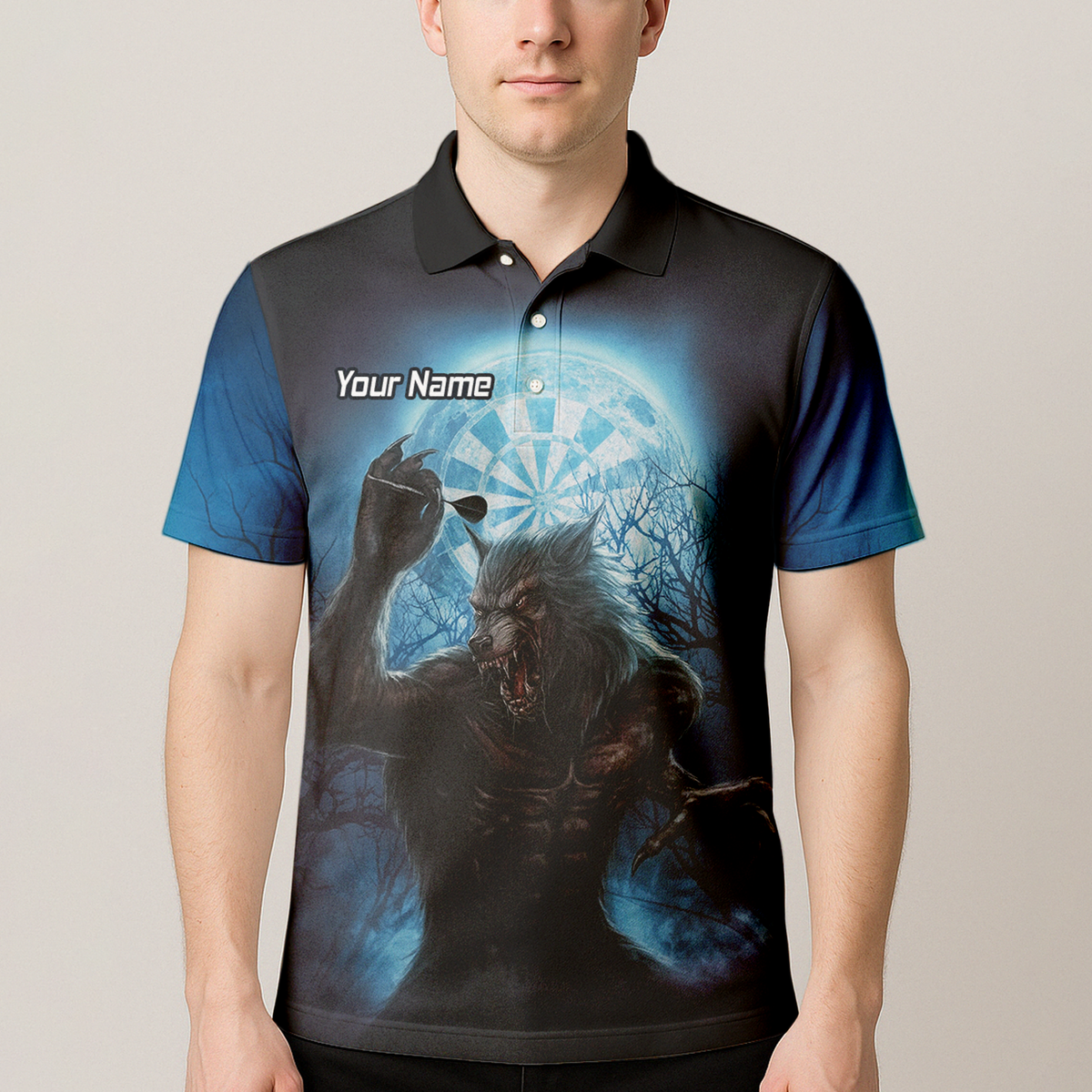Personalised Werewolf Moon Darts Polo Shirt Blue Black For Men Z5250 additional image 4
