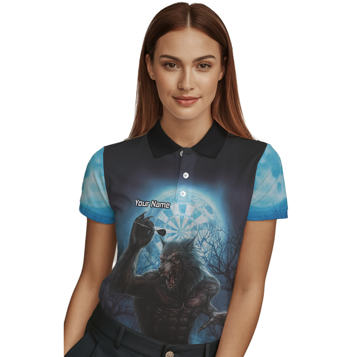 Personalised Werewolf Moon Darts Polo Shirt Blue Black For Men Z5250 additional image 3