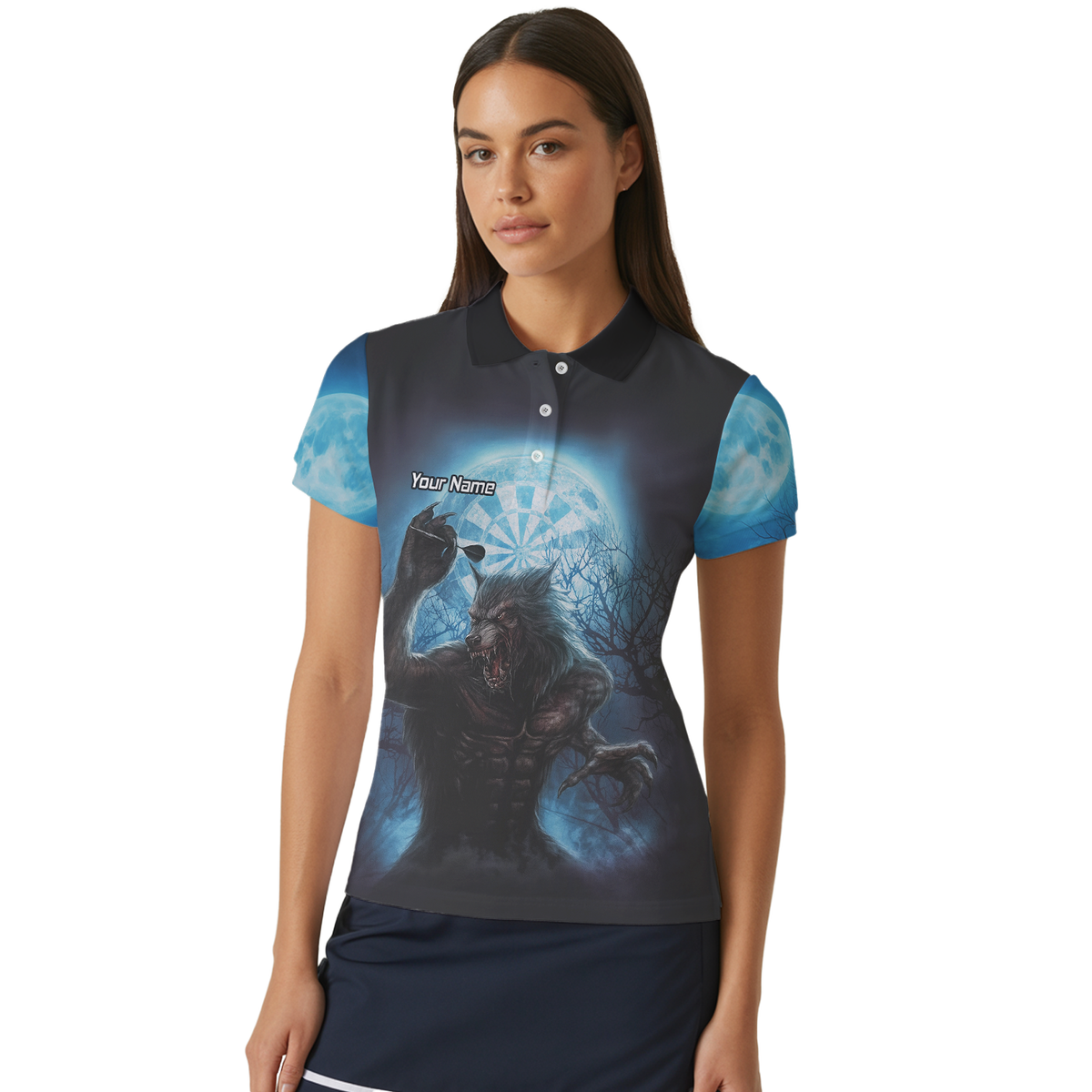 Personalised Werewolf Moon Darts Polo Shirt Blue Black For Men Z5250 additional image 4
