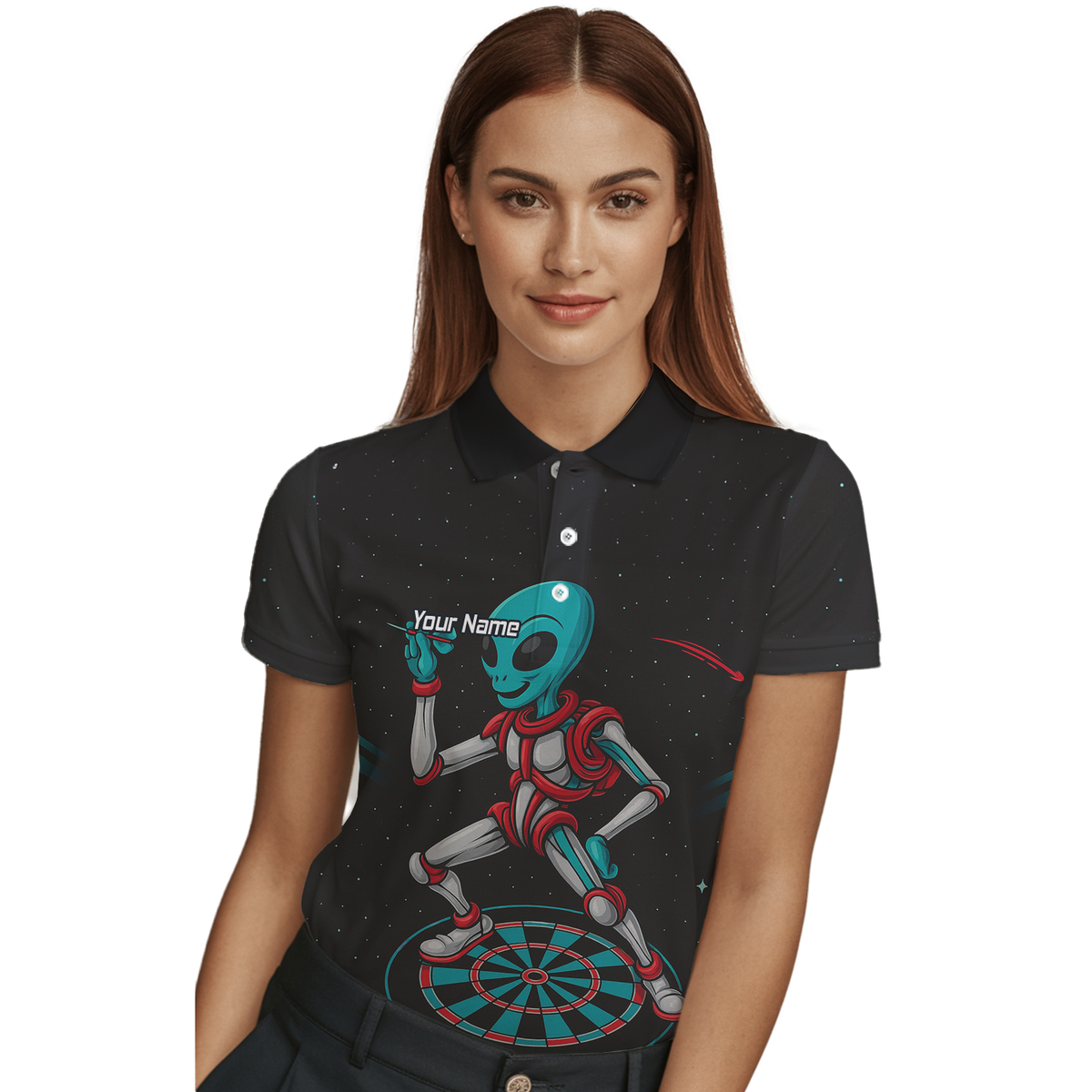 Personalised Black Alien Space Darts Polo Shirt Teal Red For Men G2888 additional image 3