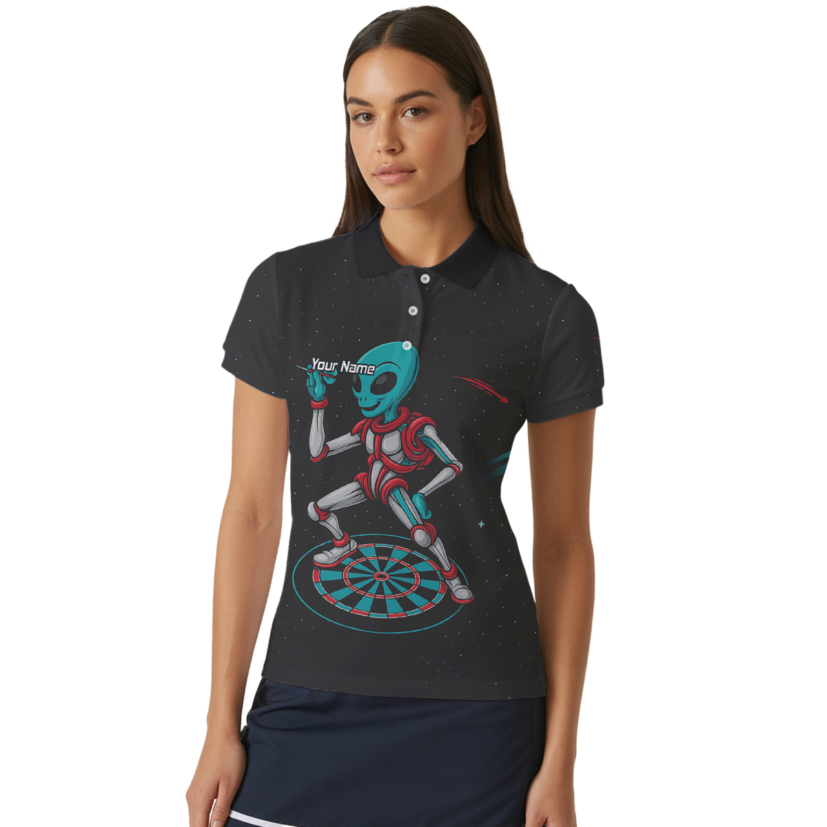 Personalised Black Alien Space Darts Polo Shirt Teal Red For Men G2888 additional image 4