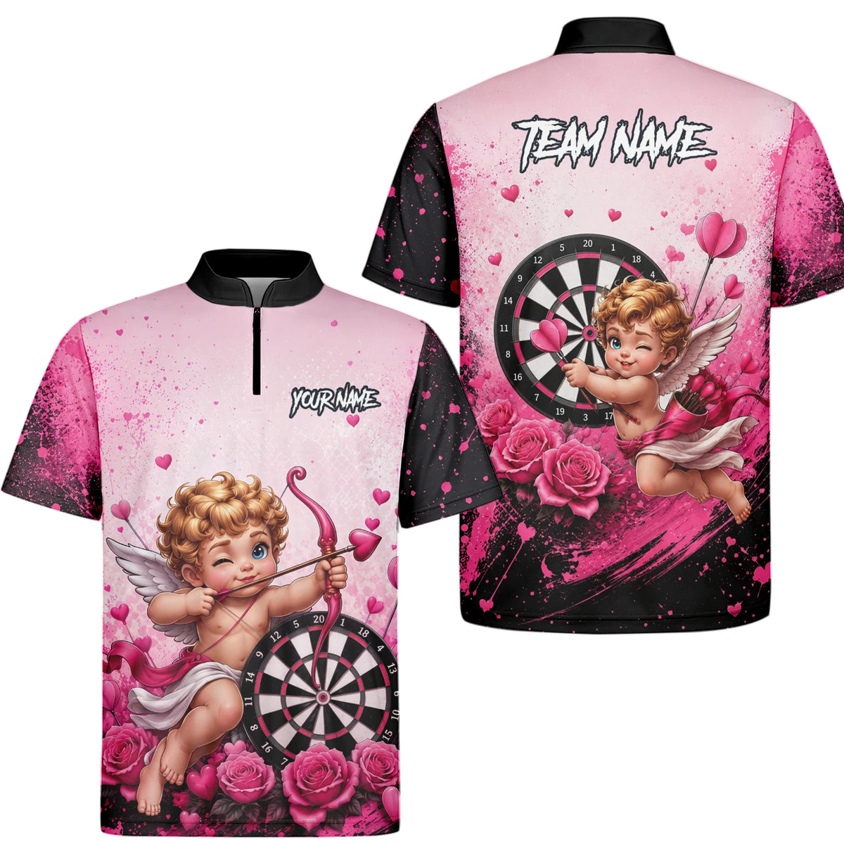 Personalised Pink & Black Cupid Dartboard Darts Shirt For Men I643