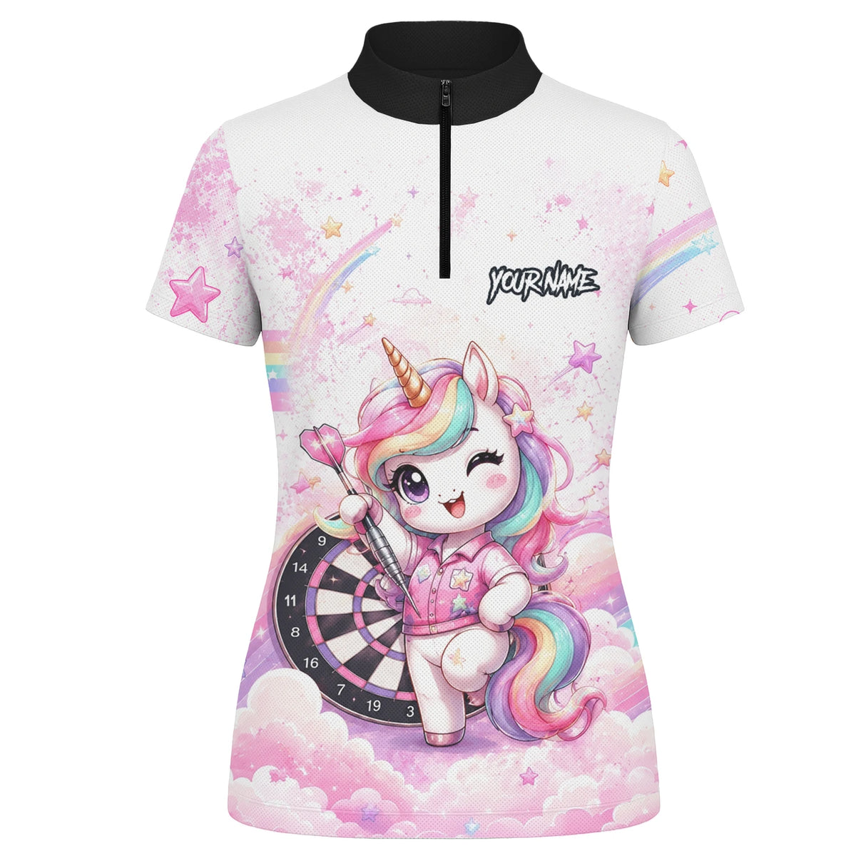 Personalised Pink & White Rainbow Unicorn Darts Shirt For Women F188