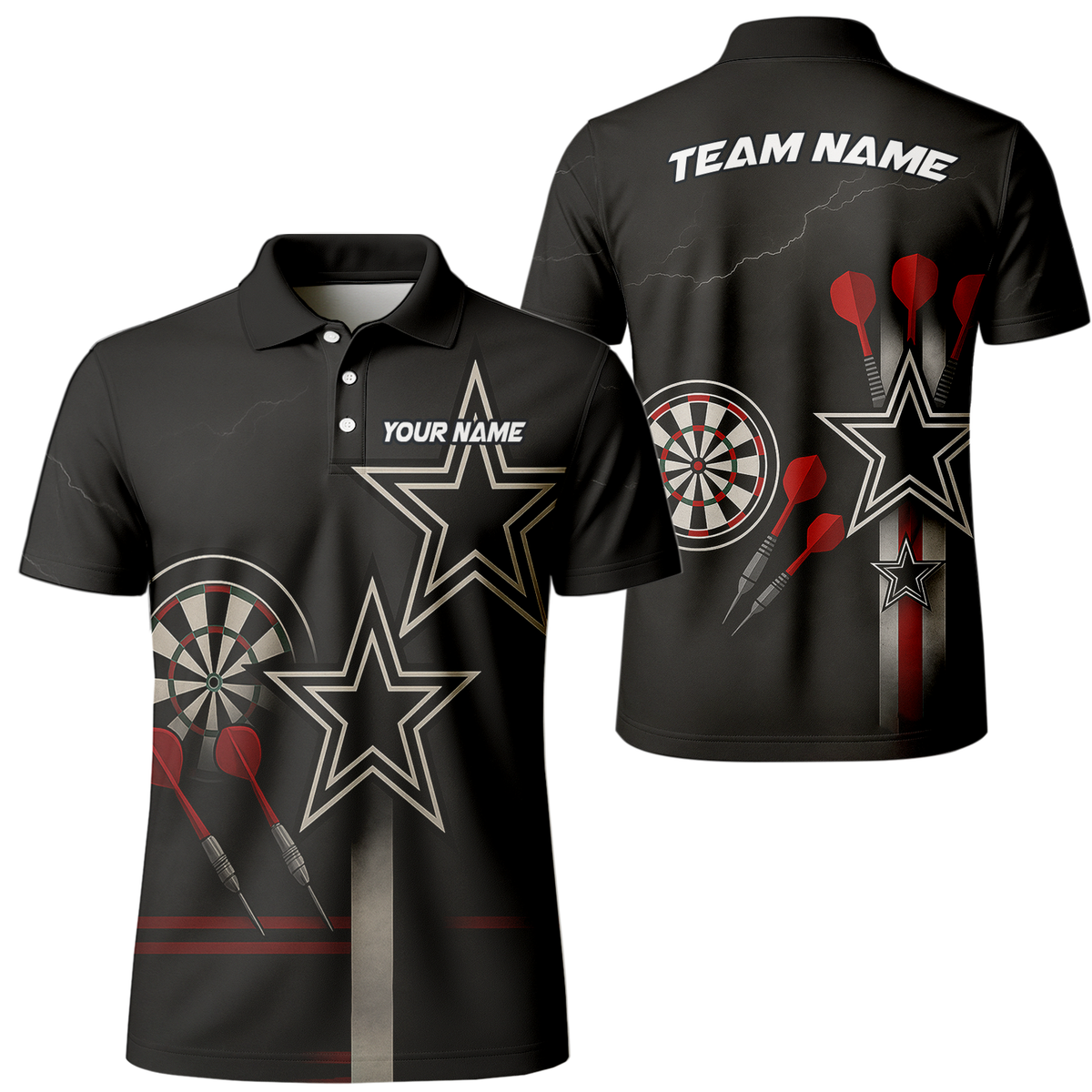 Custom Personalized Dart Polo Shirt Black Red White Stars Grunge Darts main image - polo, Pocket No