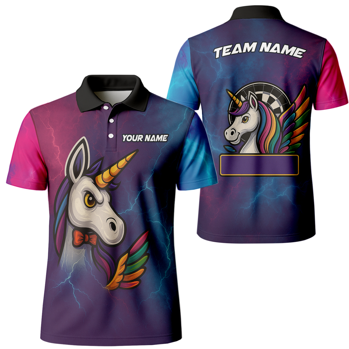 Personalized Unicorn Rainbow Lightning Dart Shirt Polo Purple Blue main image - polo, Pocket No