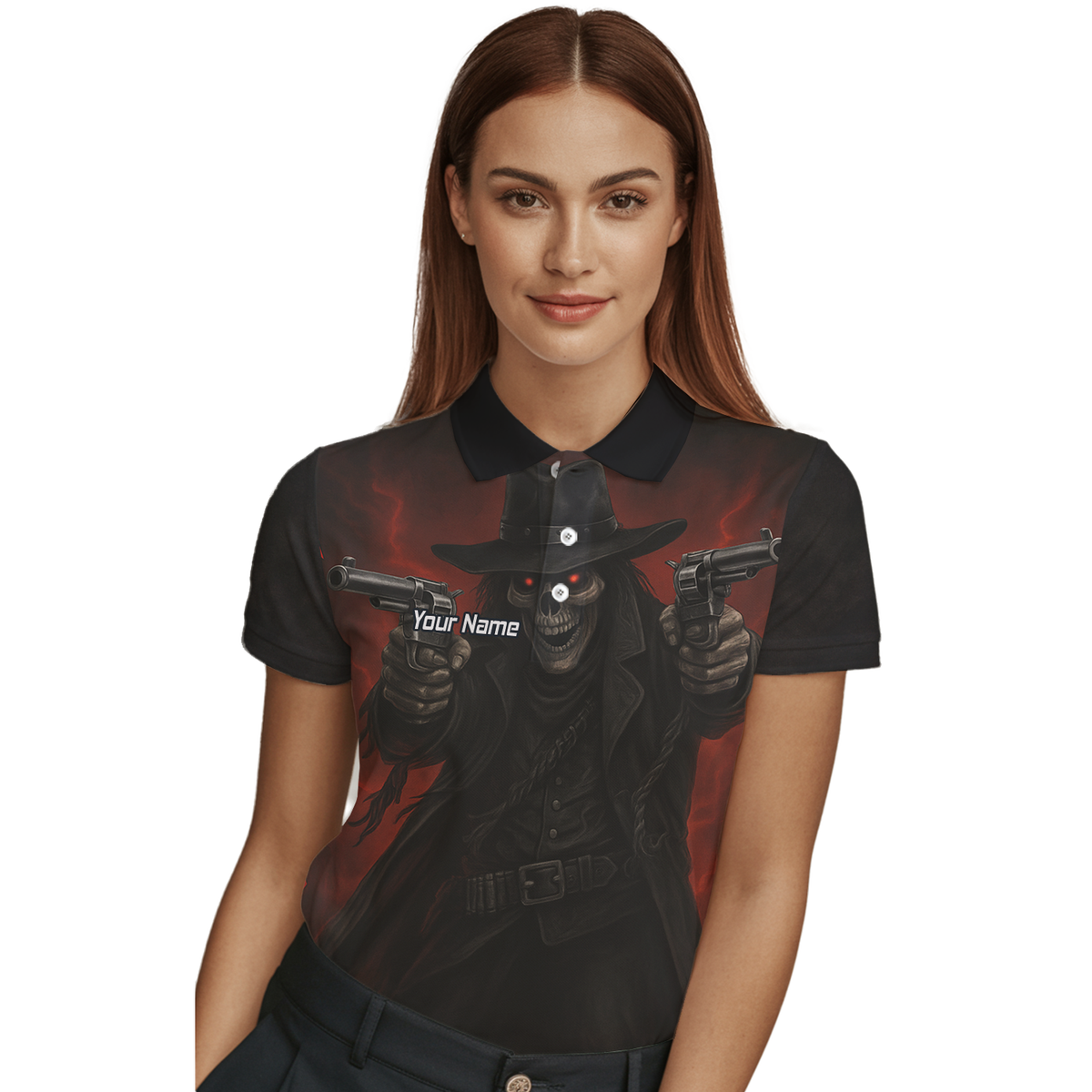 Personalised Gunslinger Skull Darts Polo Shirt Black Red For Men P5176 additional image 3