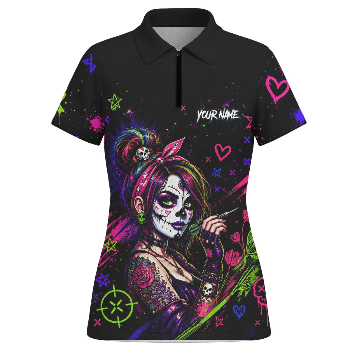 Personalised Black Neon Sugar Skull Woman Darts Shirt For Women K745