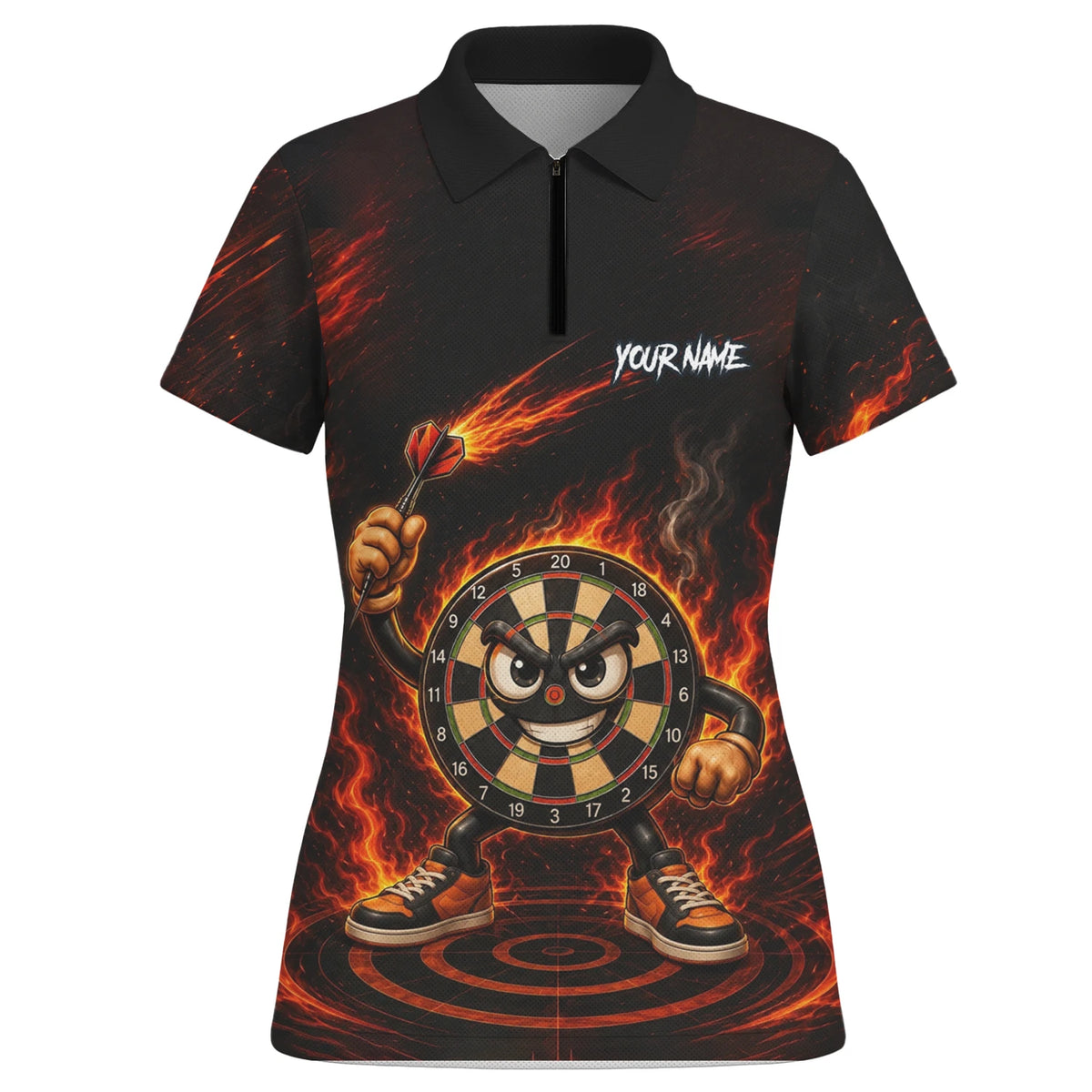 Personalised Black & Red Fiery Dartboard Character Darts Shirt For Women W224