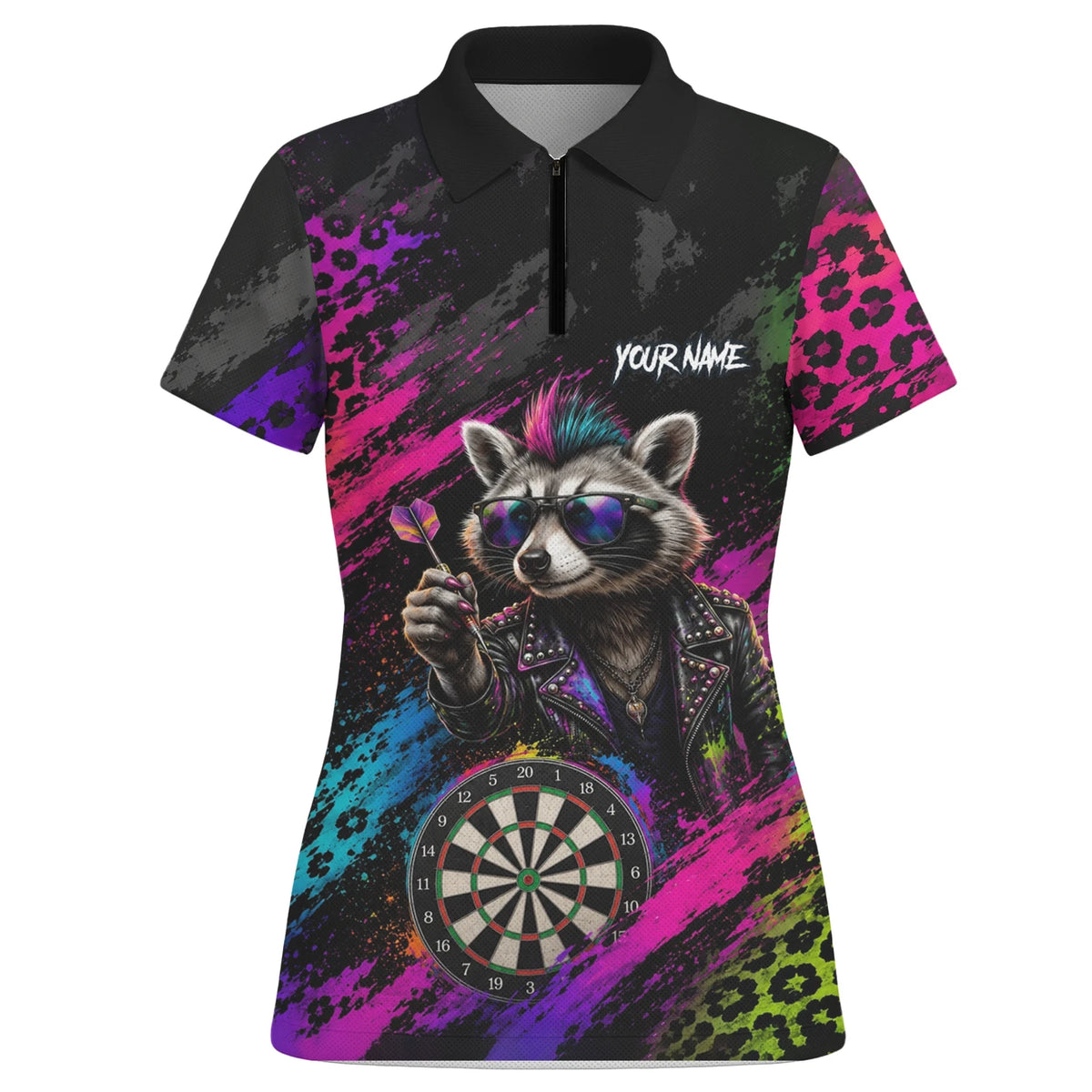 Personalised Black Multicolour Punk Raccoon Dartboard Darts Shirt For Women E164