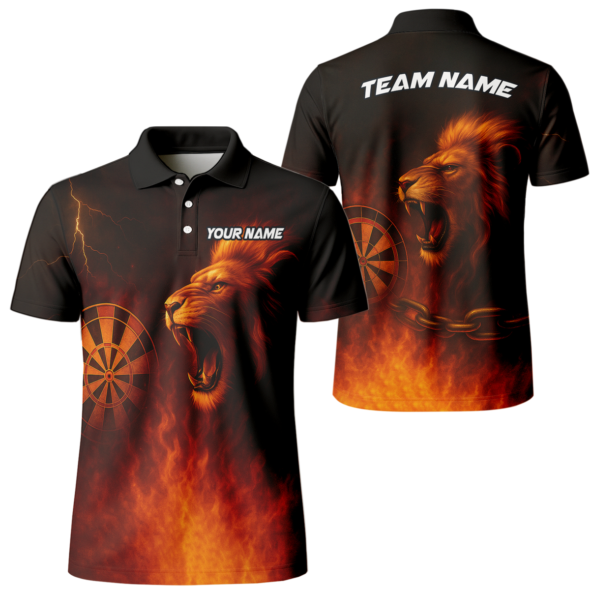 Custom Personalized Roaring Lion Fire Darts Polo Shirt Black Orange main image - polo, Pocket No