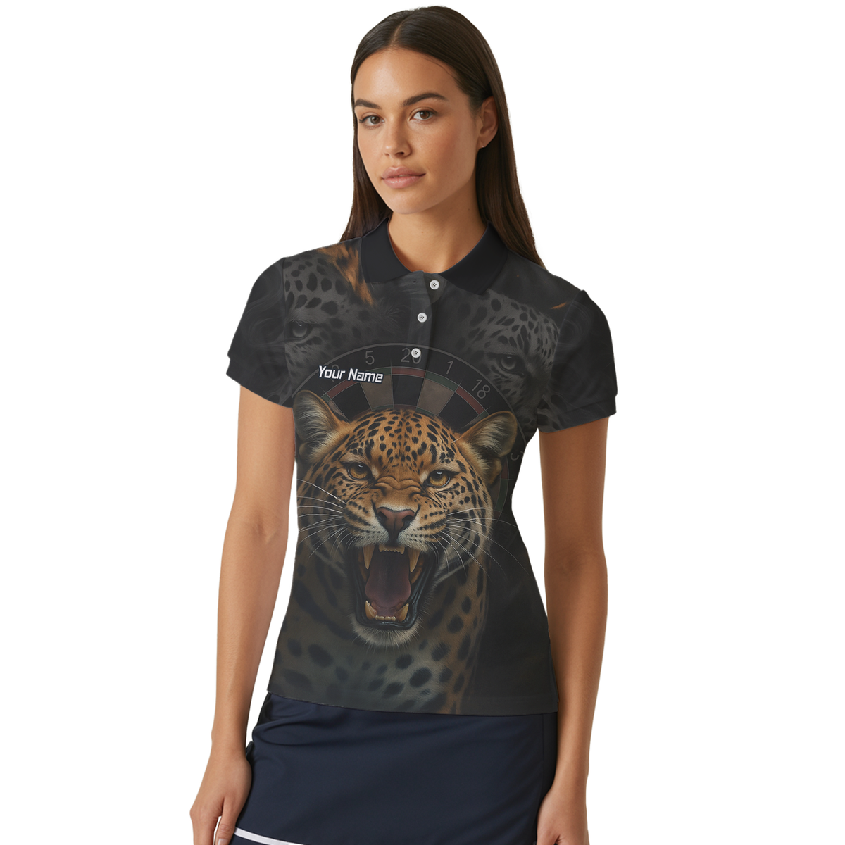 Personalised Roaring Leopard Print Darts Polo Shirt Black For Men U4010 additional image 4