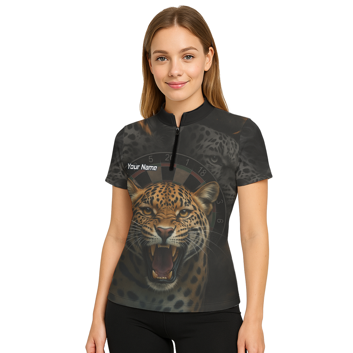 Personalised Roaring Leopard Print Darts Polo Shirt Black For Men U4010 additional image 5