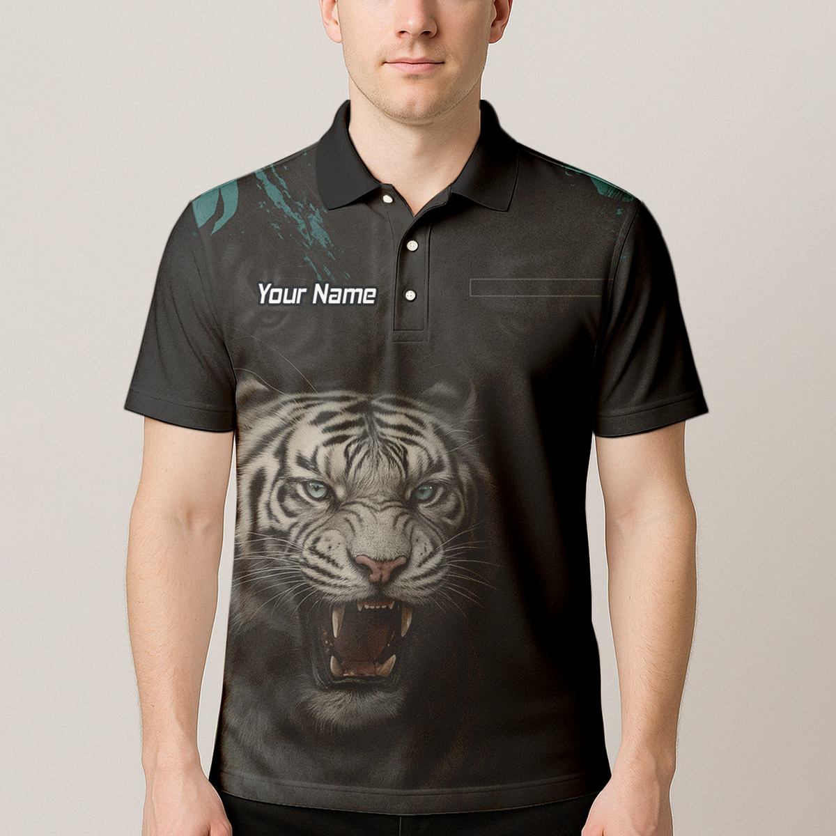Personalised Roaring White Tiger Darts Polo Shirt Black For Men Q8496 additional image 4