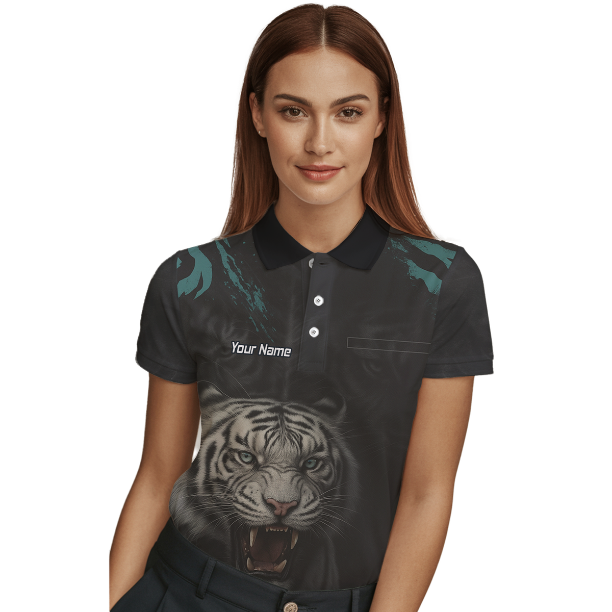 Personalised Roaring White Tiger Darts Polo Shirt Black For Men Q8496 additional image 3