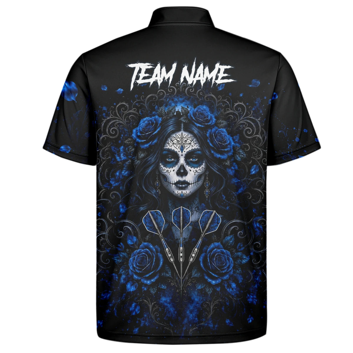 Personalised Black & Blue Sugar Skull Roses Darts Shirt For Men I884