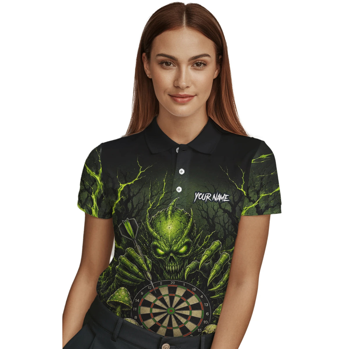 Personalised Black & Green Monster Skull Dartboard Darts Shirt For Women A277