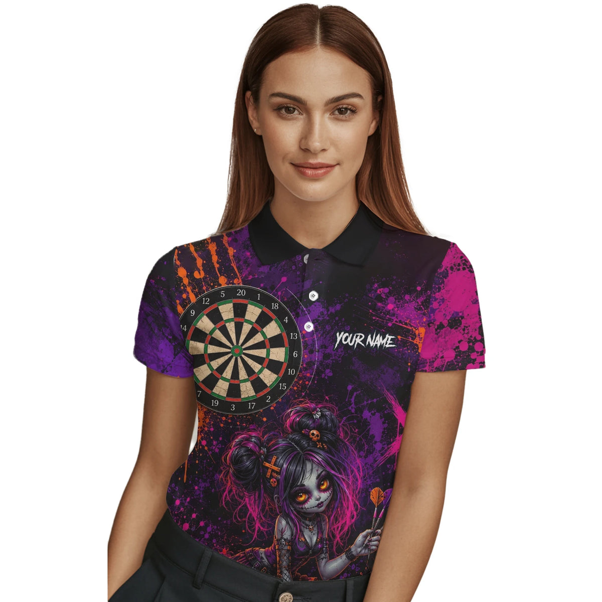 Personalised Black Purple Pink & Orange Gothic Darts Shirt For Women Z641
