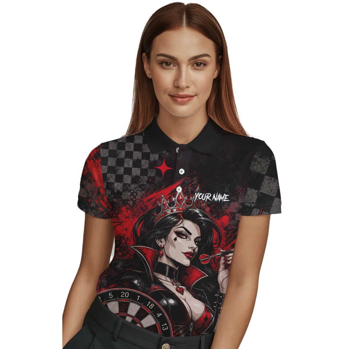 Personalised Black & Red Queen of Hearts Darts Shirt For Women R803