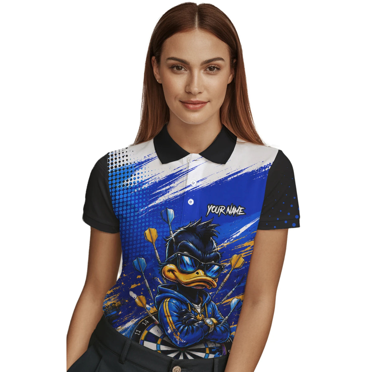 Personalised Blue & Gold Cool Duck Darts Polo Shirt For Women L859