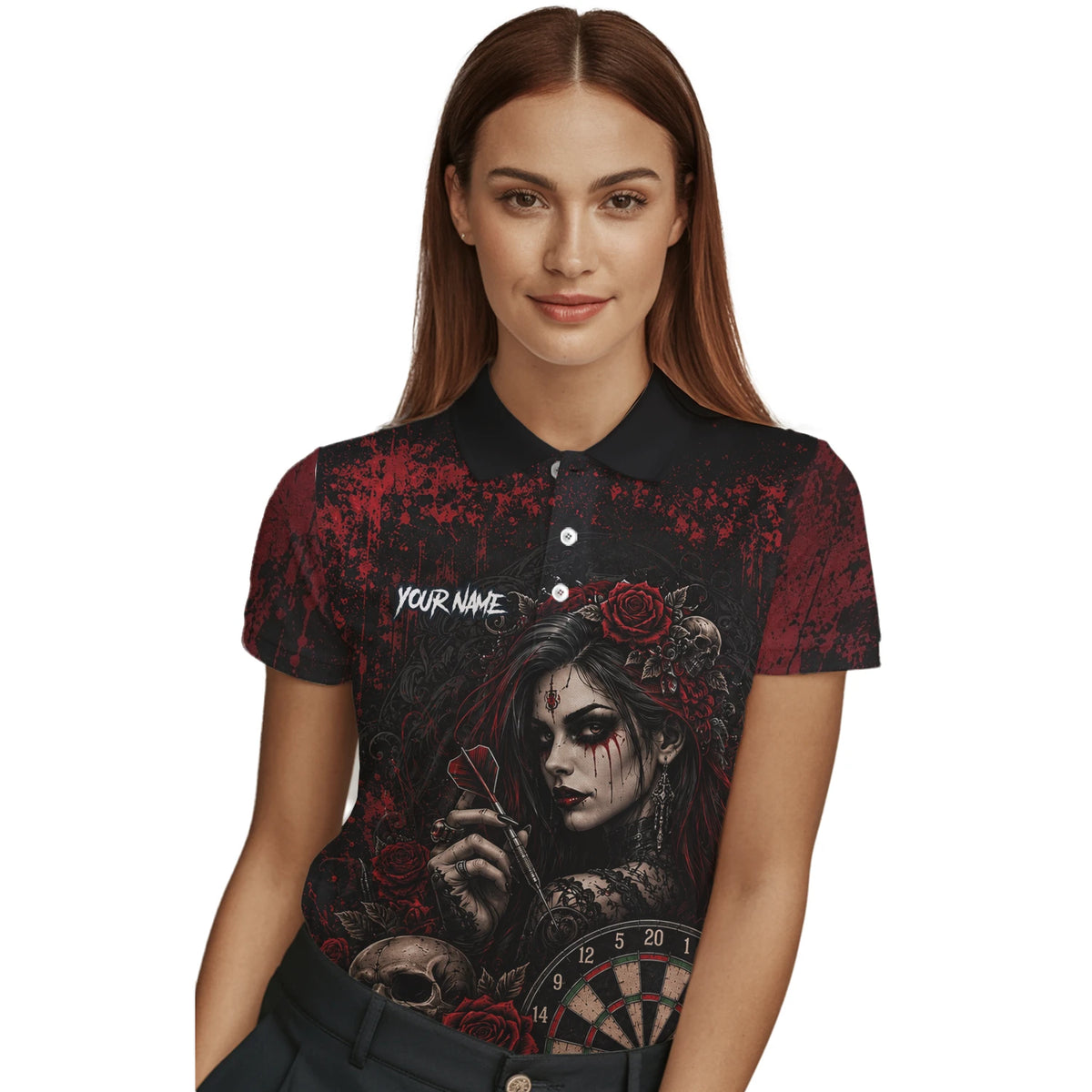 Personalised Black & Red Gothic Woman Skull Darts Shirt For Women W035