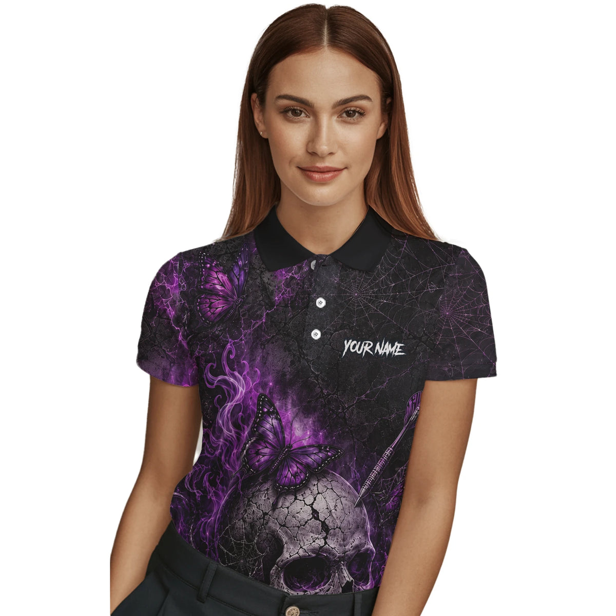 Personalised Black & Purple Skull Butterfly Darts Shirt For Women Q241