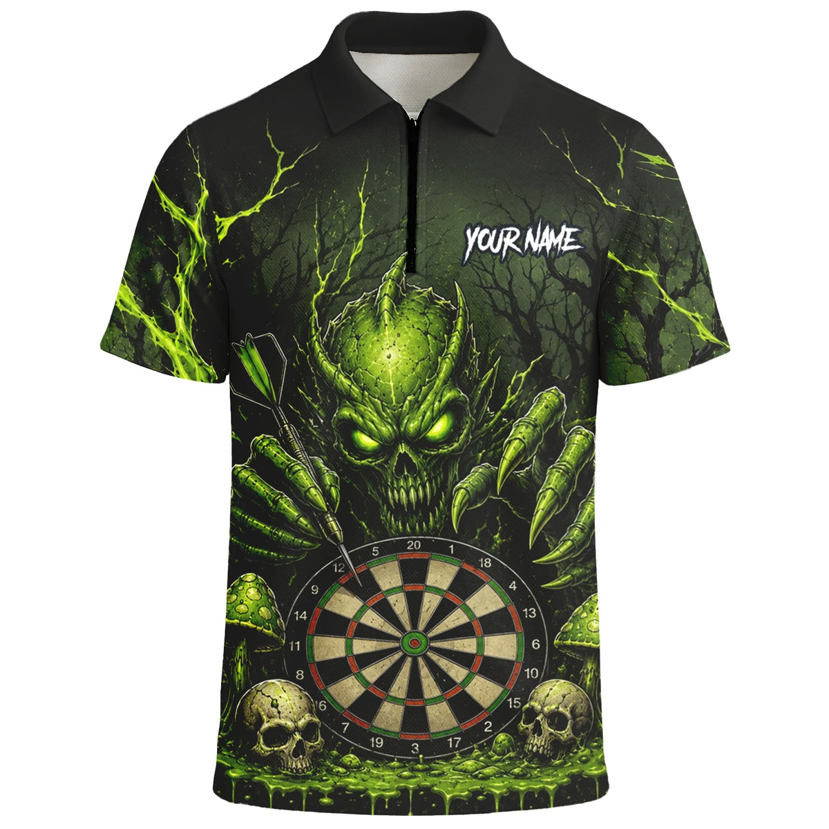 Personalised Black & Green Monster Skull Dartboard Darts Shirt For Men A277