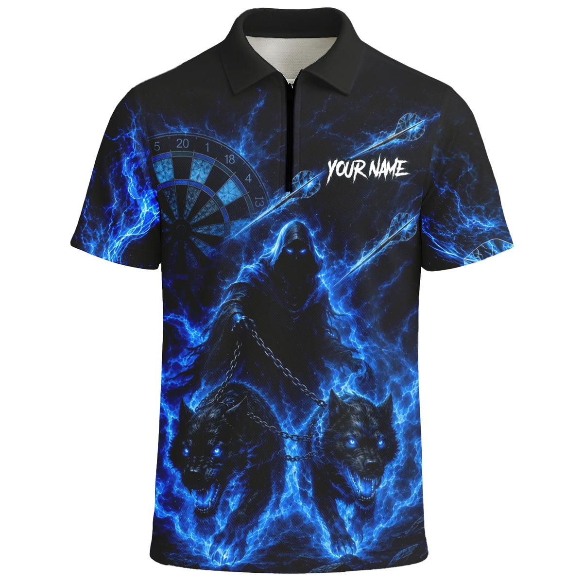 Personalised Black & Blue Grim Reaper and Wolves Darts Shirt For Men X871