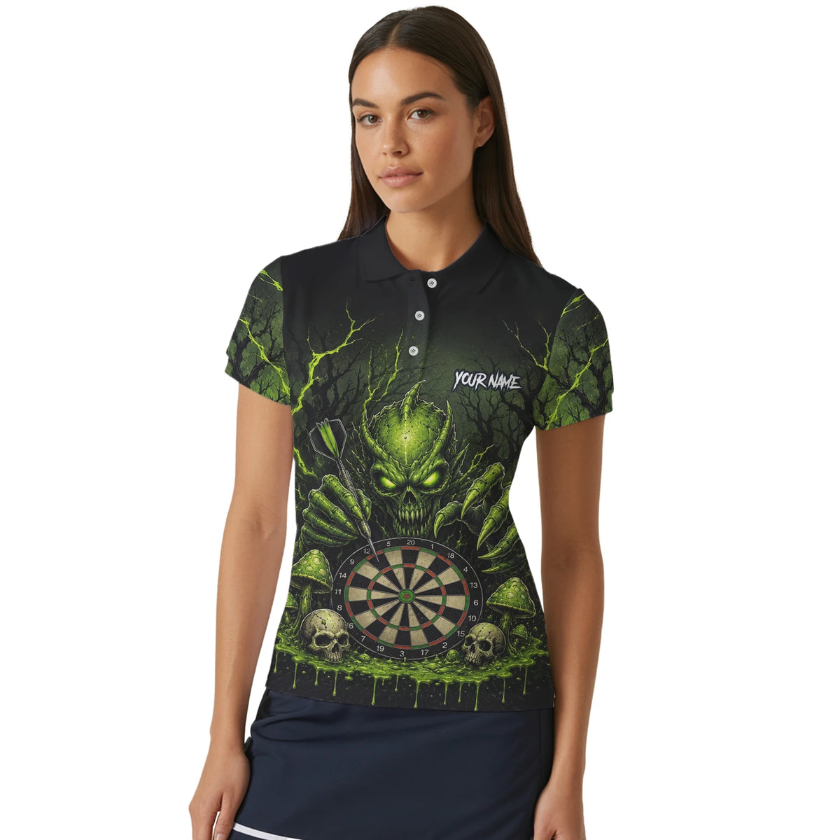 Personalised Black & Green Monster Skull Dartboard Darts Shirt For Women A277
