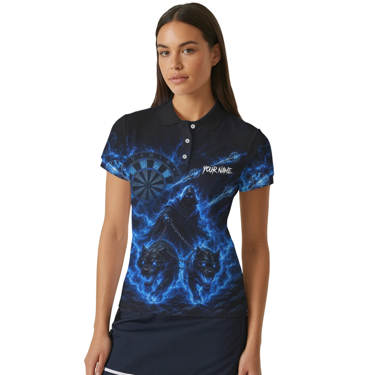 Personalised Black & Blue Grim Reaper and Wolves Darts Shirt For Women X871