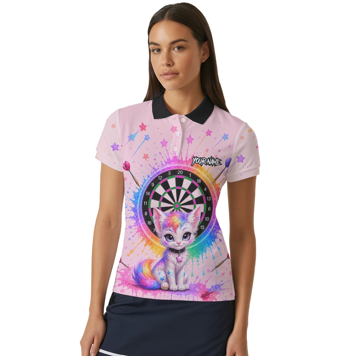 Personalised Pink Rainbow Kitten Dartboard Darts Shirt For Women X398