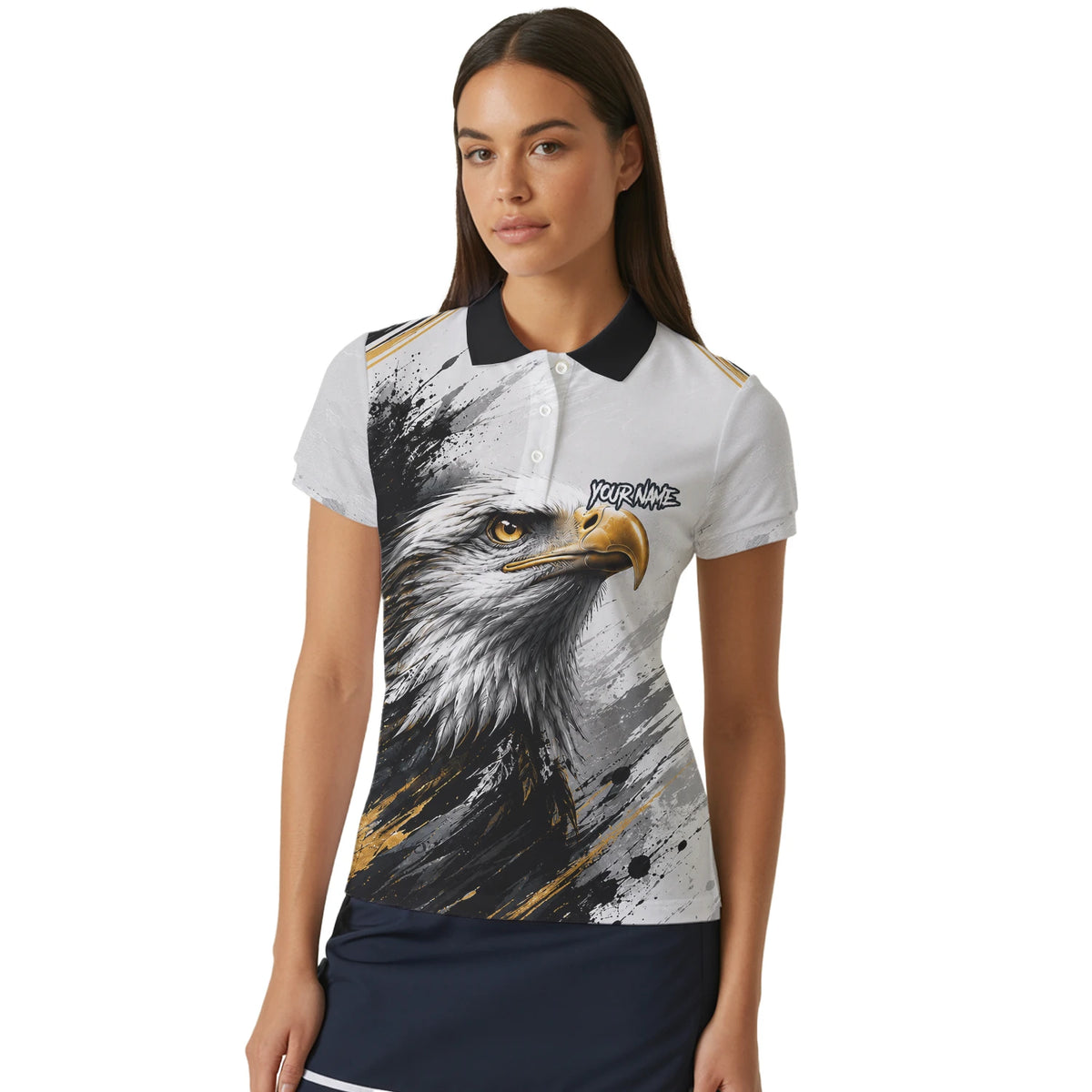 Personalised White Black Gold Bald Eagle Darts Shirt For Women S805