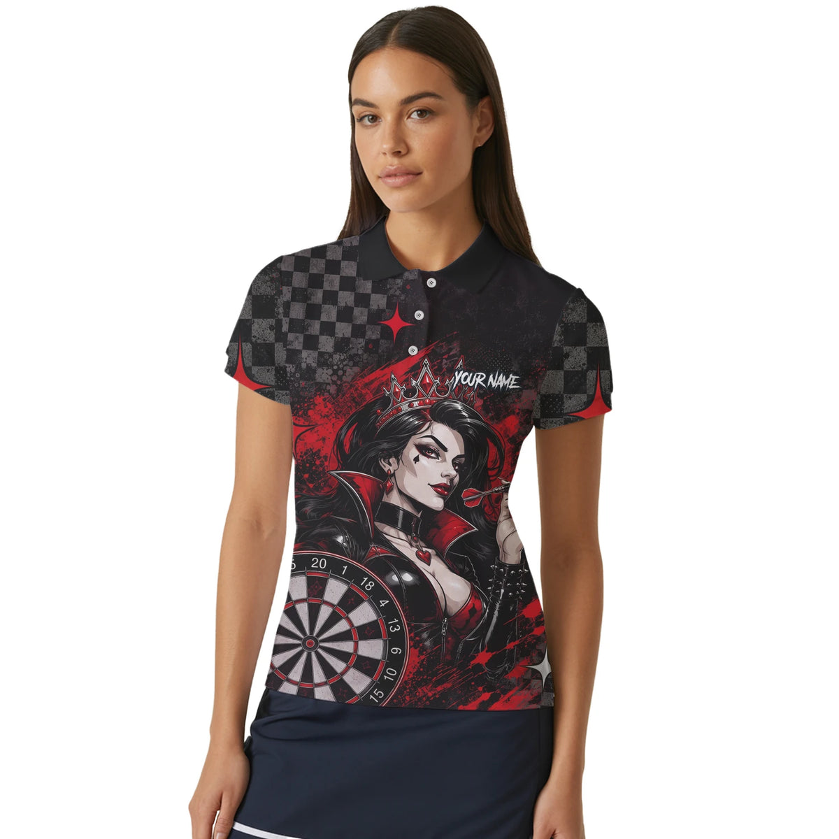 Personalised Black & Red Queen of Hearts Darts Shirt For Women R803