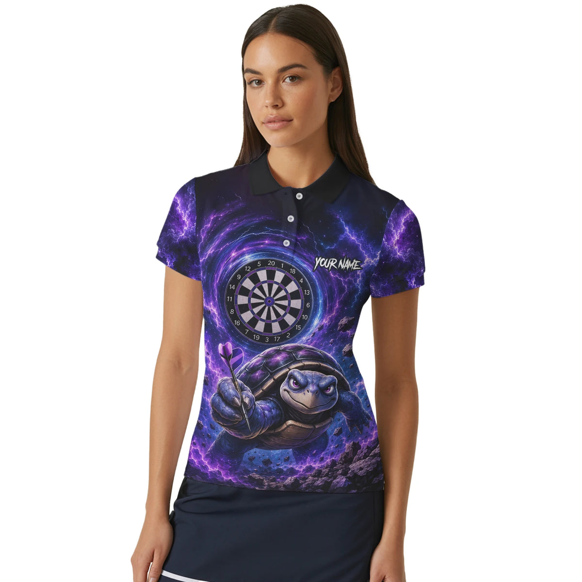 Personalised Purple & Black Turtle Playing Darts Shirt For Women F796