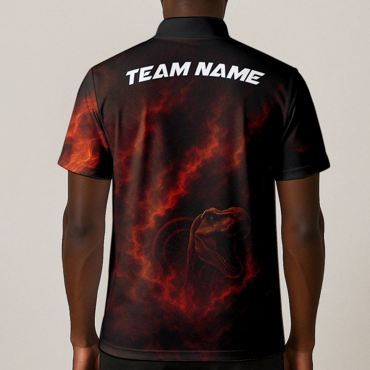 Personalized Custom Fire Dinosaur T-Rex Dart Polo Shirt Team Name Black Orange additional image 1