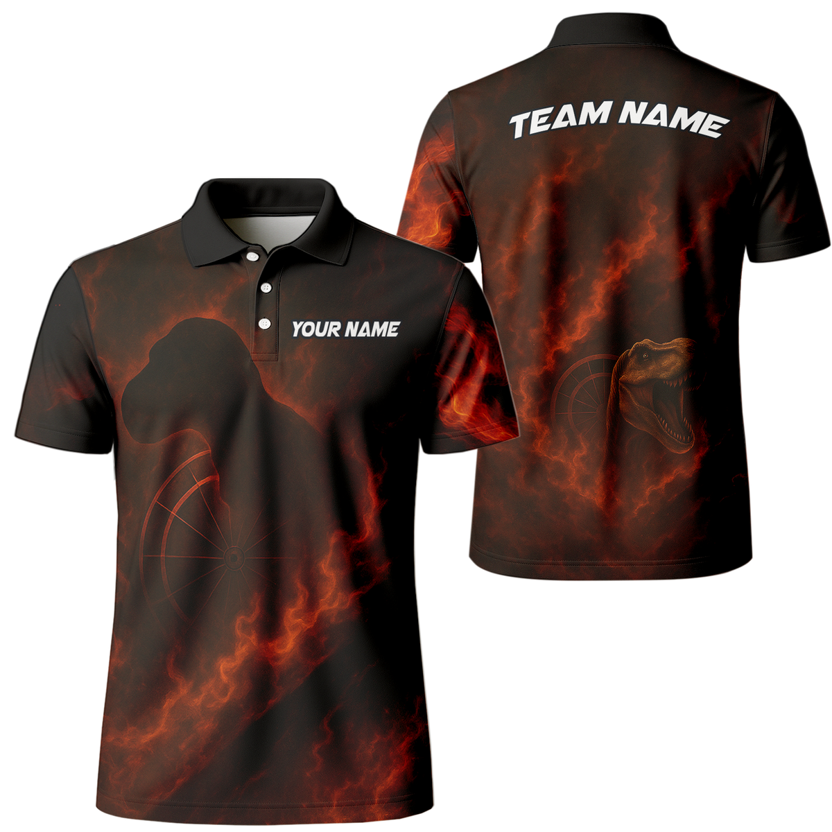 Personalized Custom Fire Dinosaur T-Rex Dart Polo Shirt Team Name Black Orange main image - polo, Pocket No