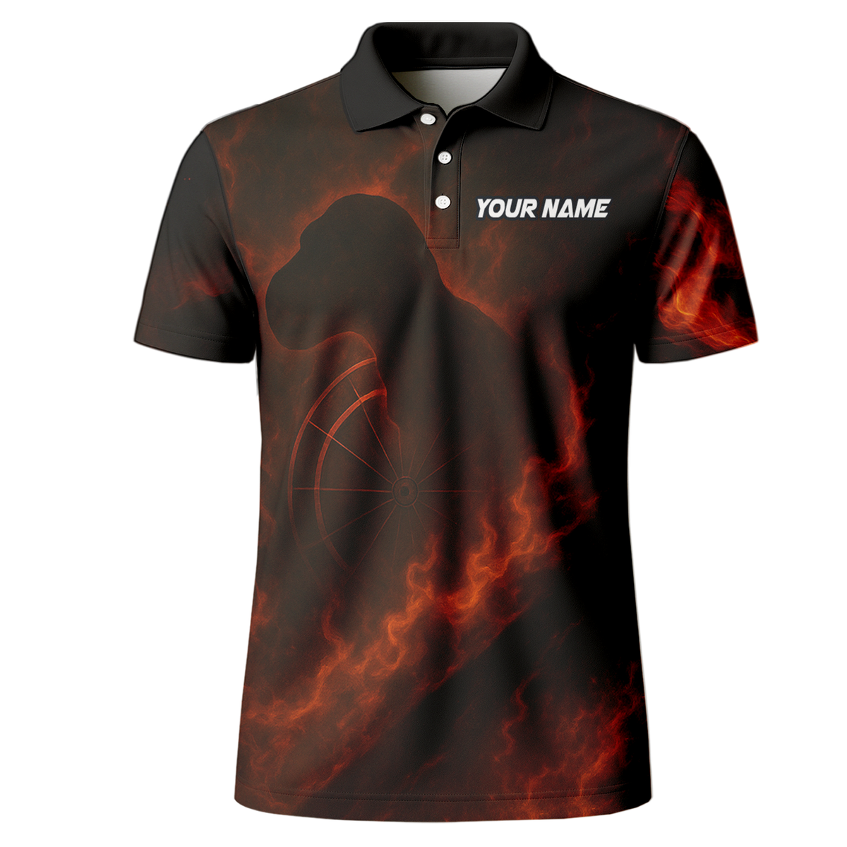 Personalized Custom Fire Dinosaur T-Rex Dart Polo Shirt Team Name Black Orange additional image 2