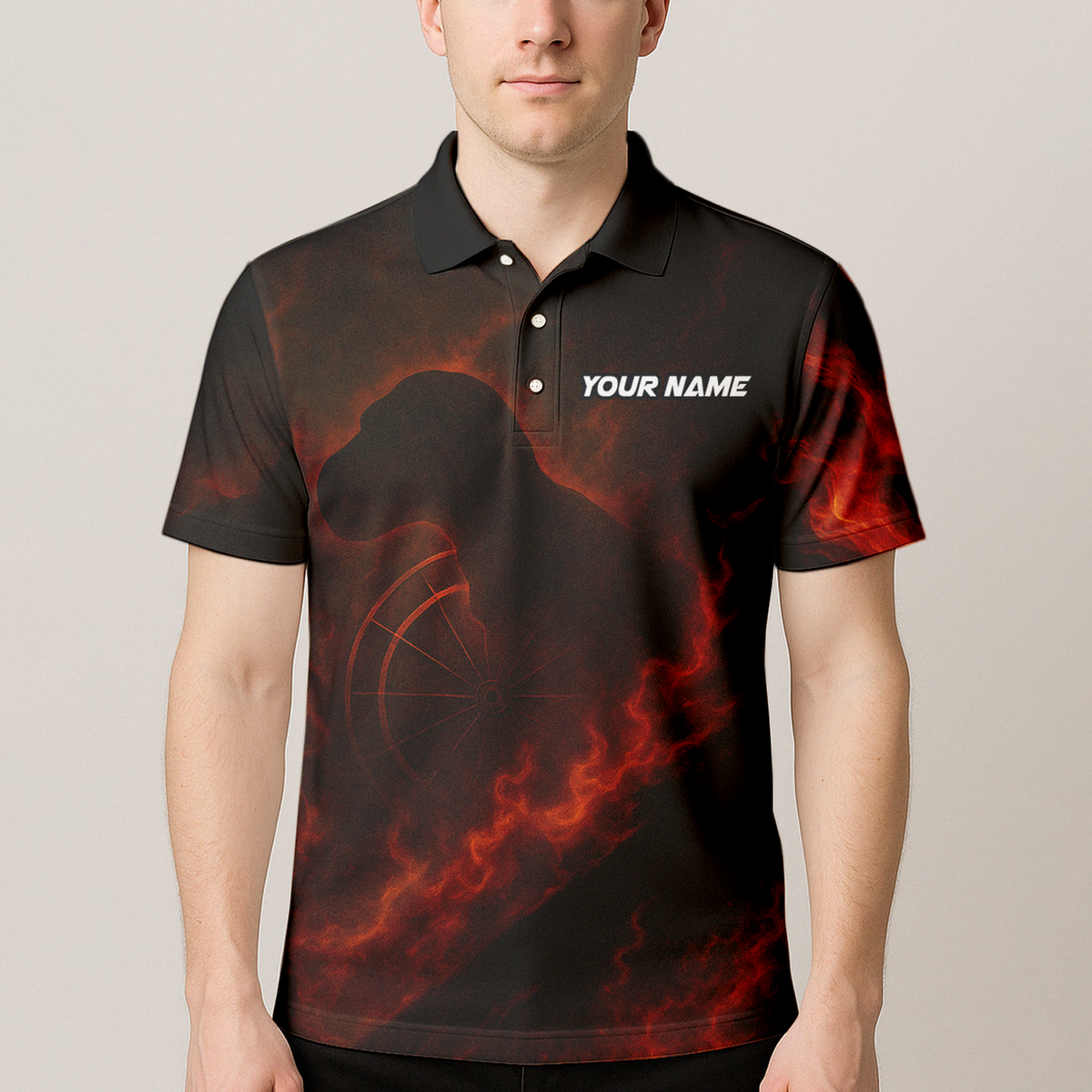Personalized Custom Fire Dinosaur T-Rex Dart Polo Shirt Team Name Black Orange additional image 4