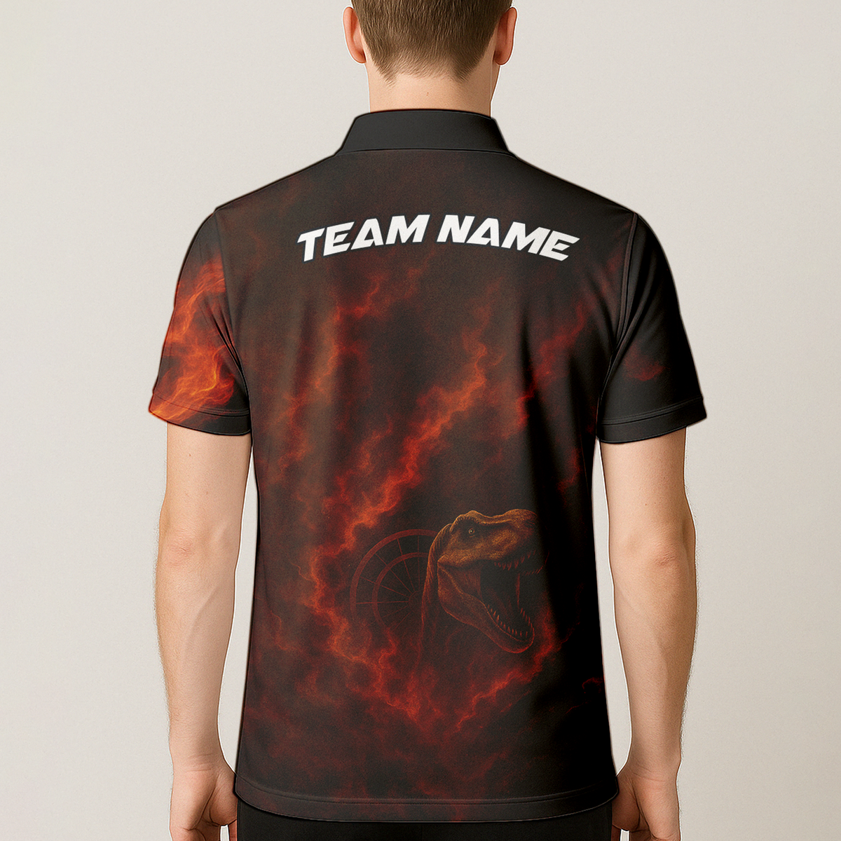 Personalized Custom Fire Dinosaur T-Rex Dart Polo Shirt Team Name Black Orange additional image 5