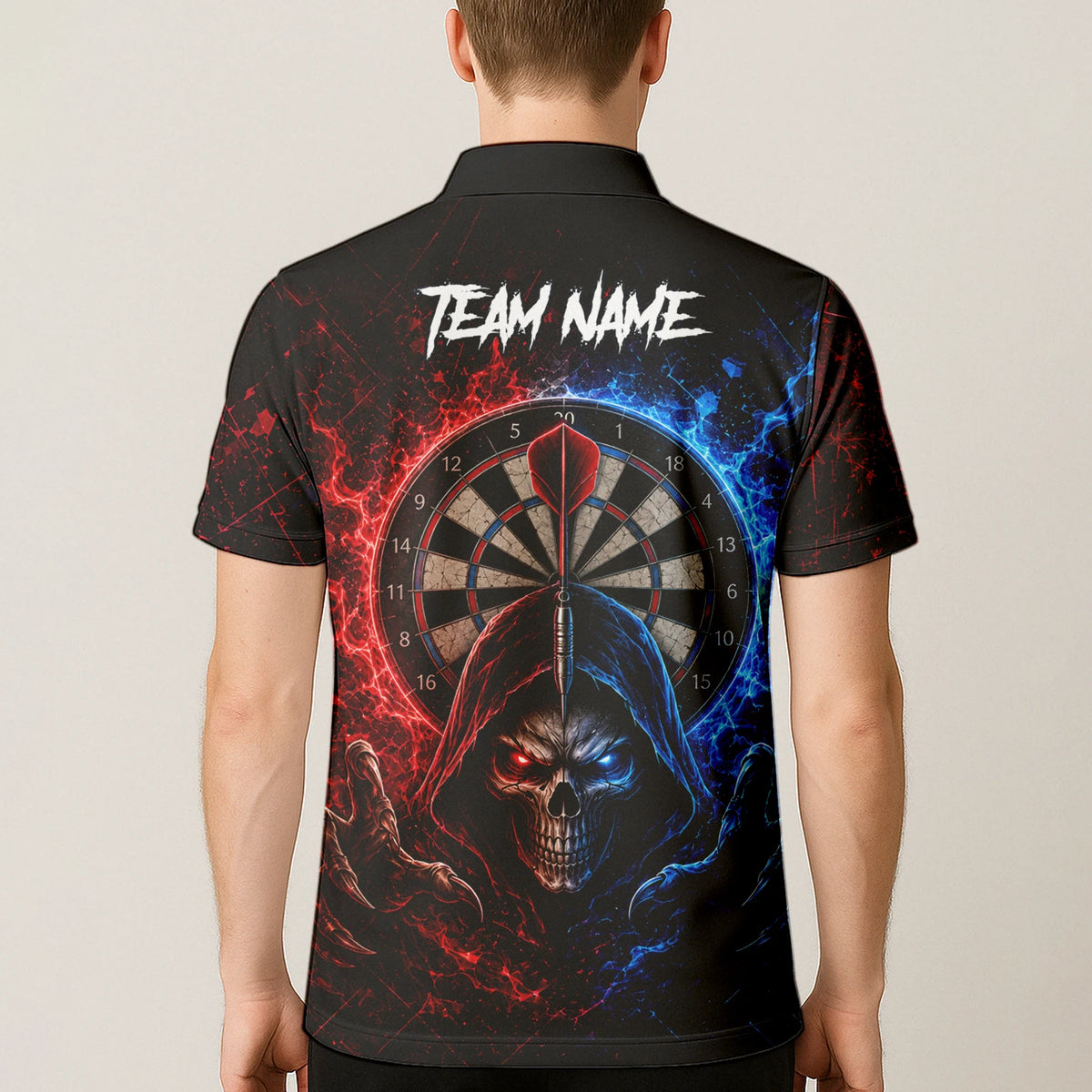Personalised Red & Blue Split Skull Darts Polo Shirt For Men L857
