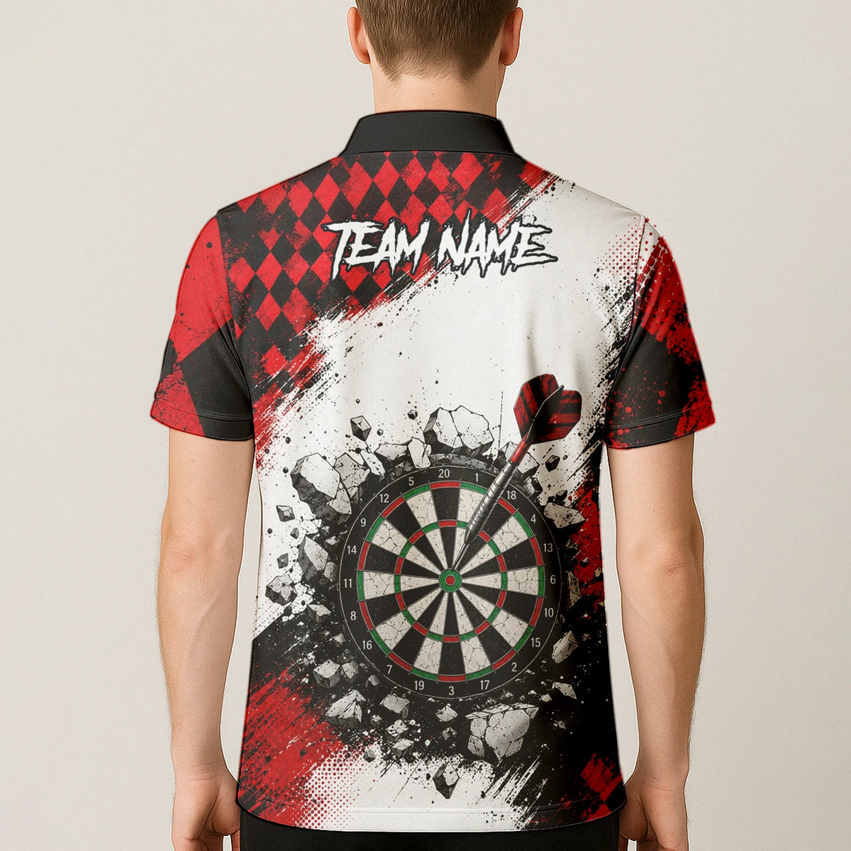 Personalised Red & Black Gothic Harlequin Darts Polo Shirt For Men K572