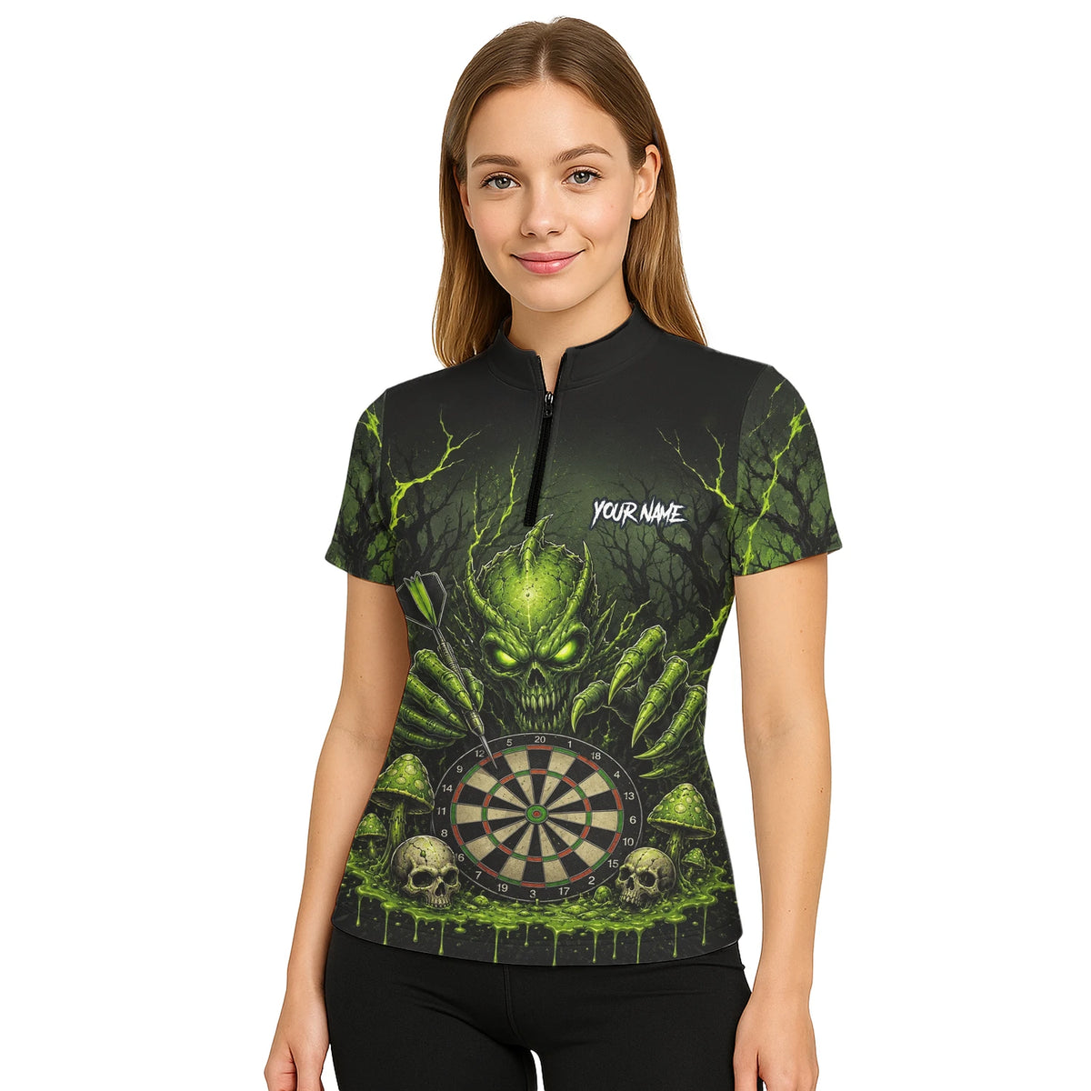 Personalised Black & Green Monster Skull Dartboard Darts Shirt For Women A277