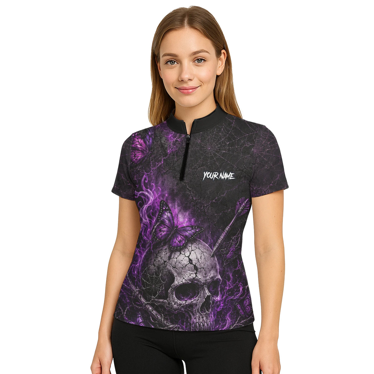 Personalised Black & Purple Skull Butterfly Darts Shirt For Women Q241