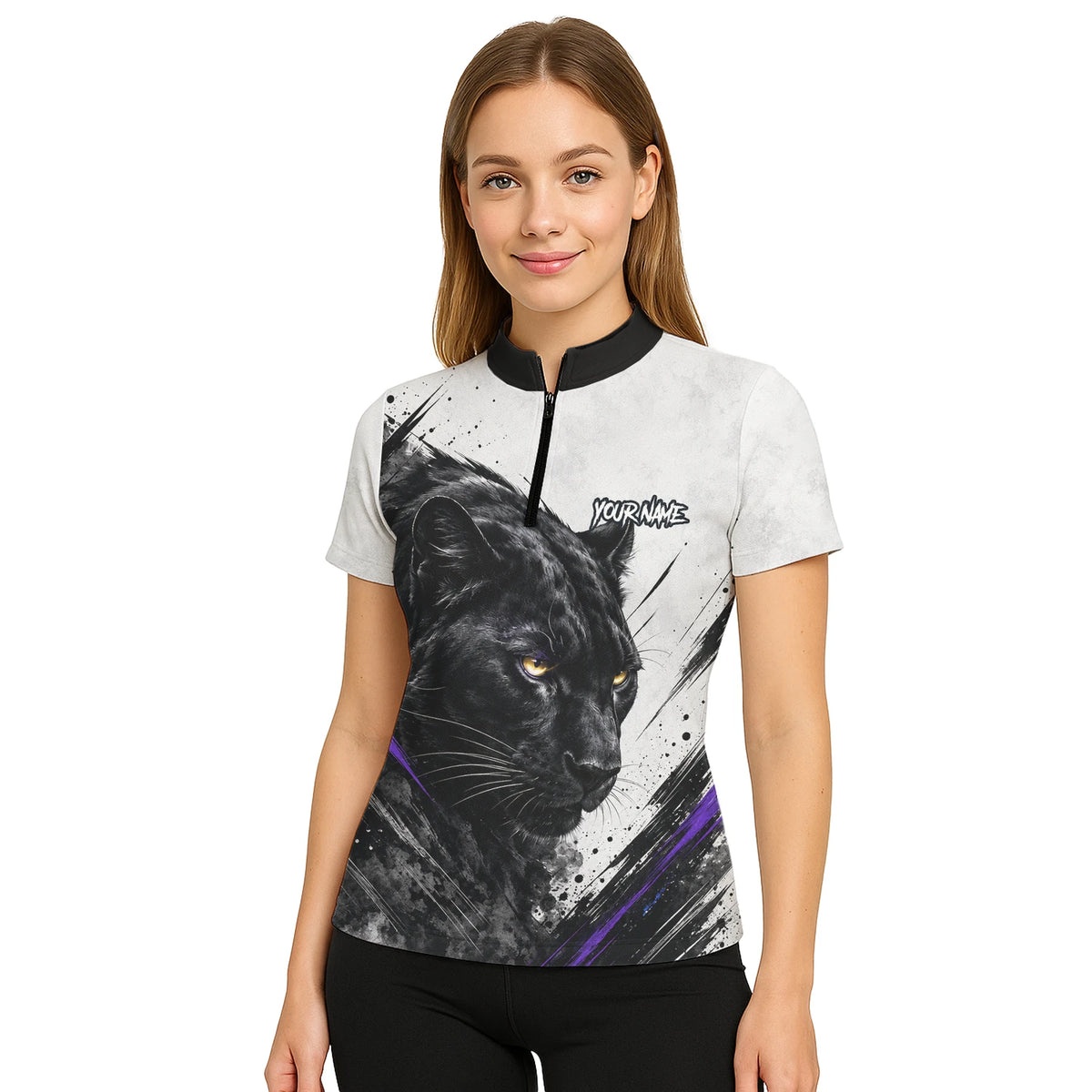 Personalised White Black Purple Panther Darts Shirt For Women W442