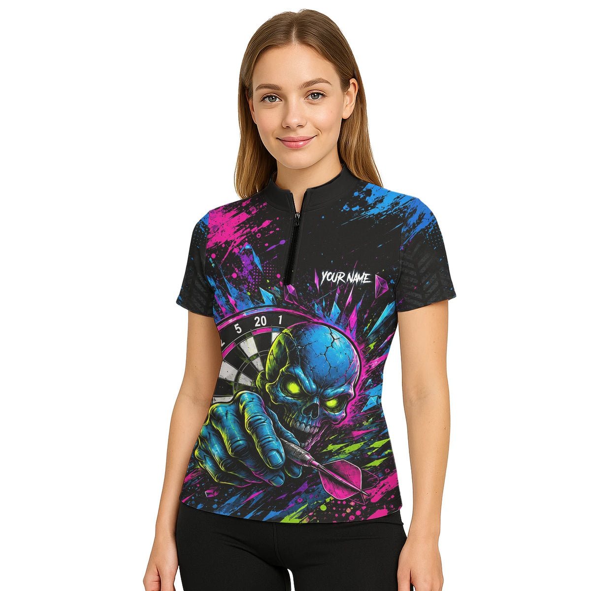 Personalised Neon Blue Green & Pink Skull Dartboard Darts Shirt For Women S232
