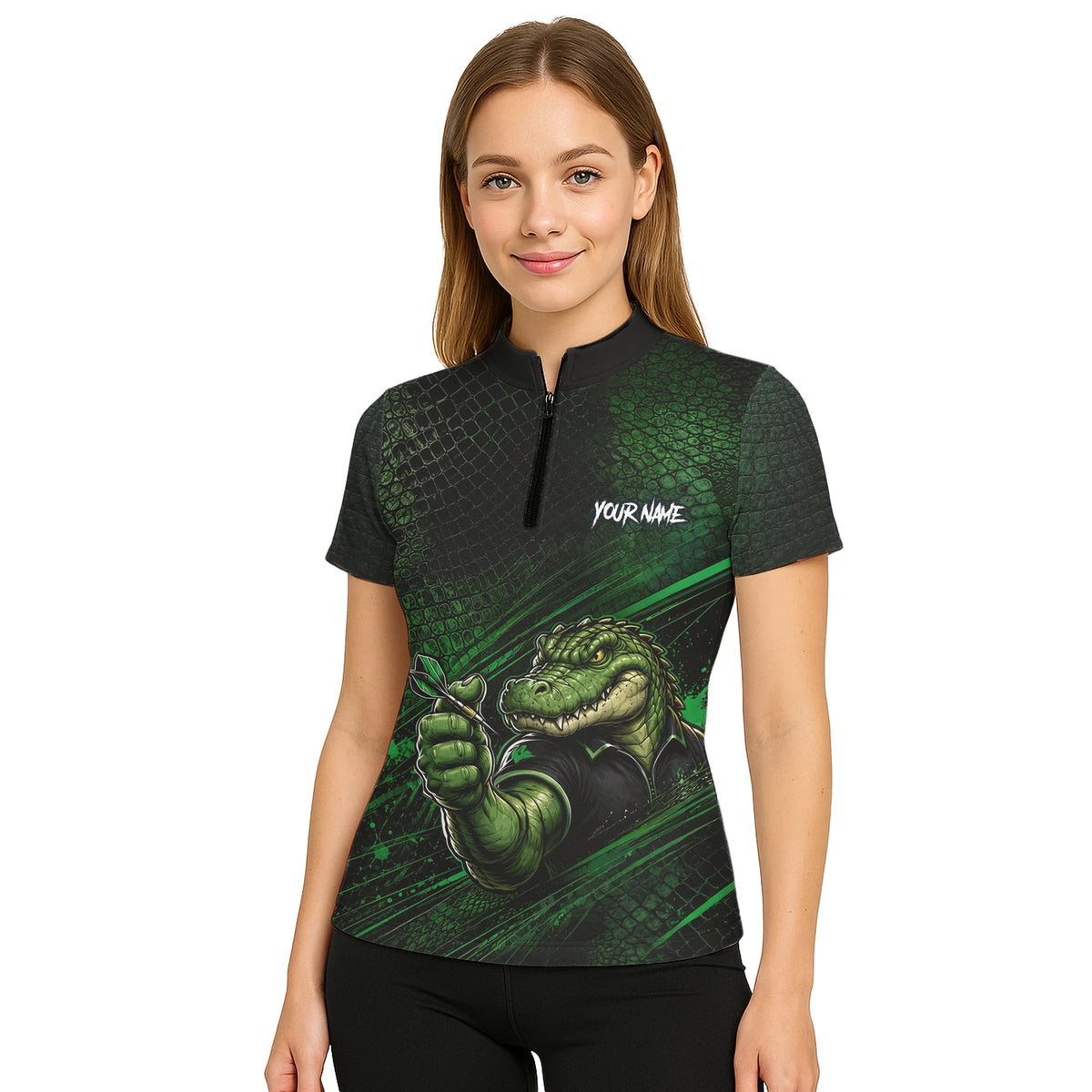 Personalised Black & Green Crocodile Darts Player Shirt For Women I987