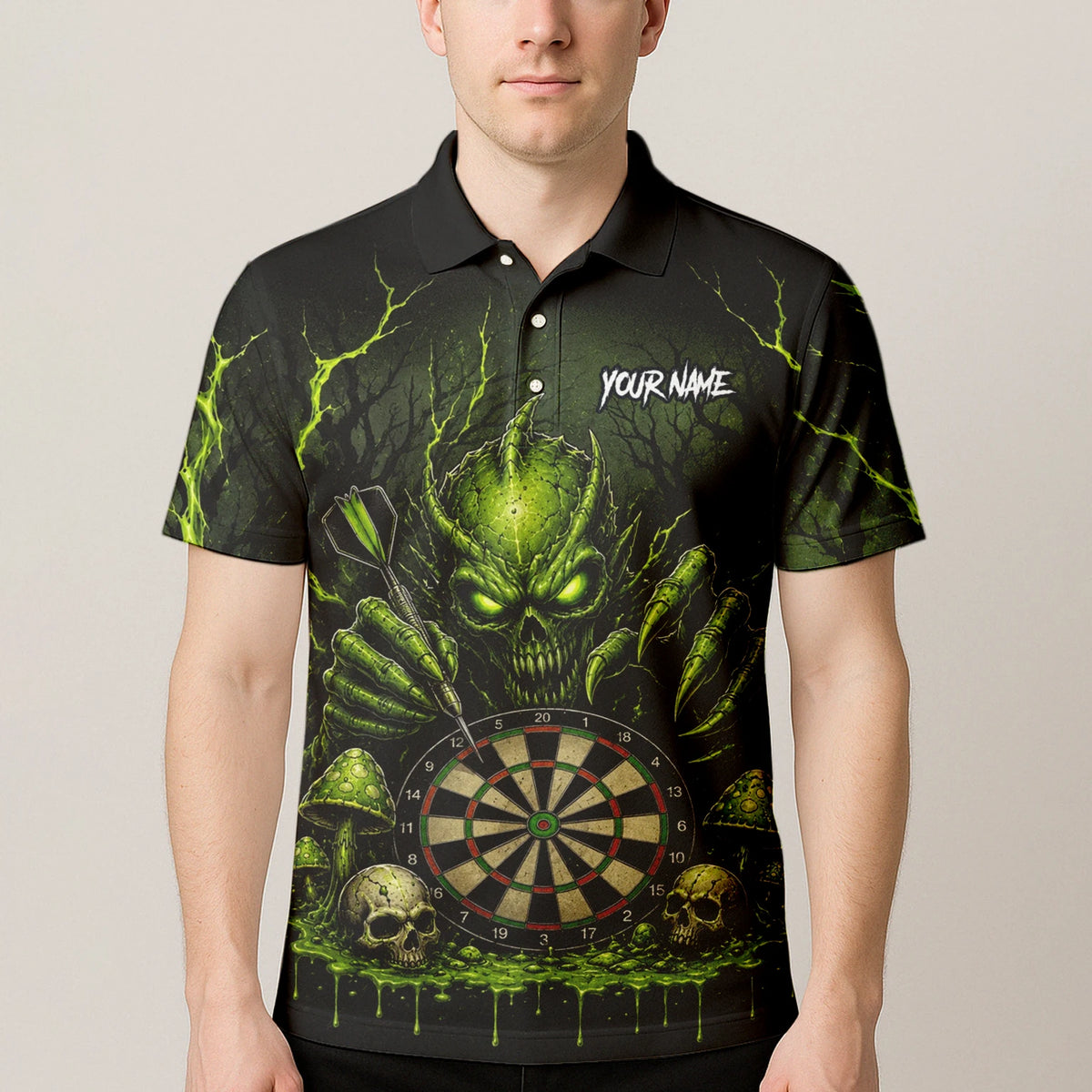 Personalised Black & Green Monster Skull Dartboard Darts Shirt For Men A277