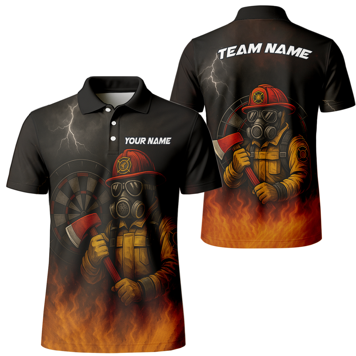 Personalized Custom Dart Polo Shirt Firefighter Axe Fire Black Orange Name Team main image - polo, Pocket No