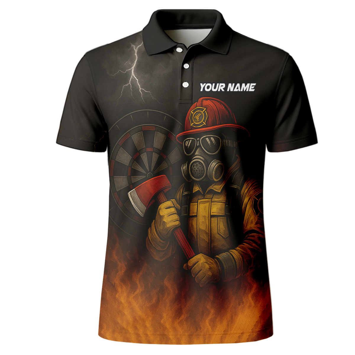 Personalized Custom Dart Polo Shirt Firefighter Axe Fire Black Orange Name Team additional image 2