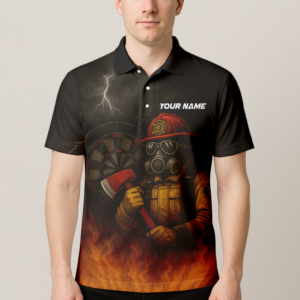 Personalized Custom Dart Polo Shirt Firefighter Axe Fire Black Orange Name Team additional image 4
