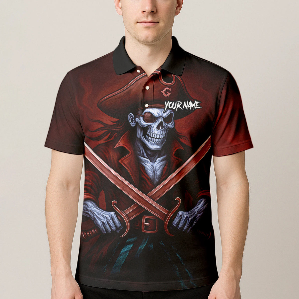 Personalised Red & Black Pirate Skull Crossed Swords Darts Shirt For Men TR8209